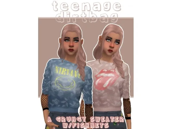 Alpha Teenage Dirtbag grungy sweater with fishnet sleeves by llazyneiph - The Sims 4 Custom Content