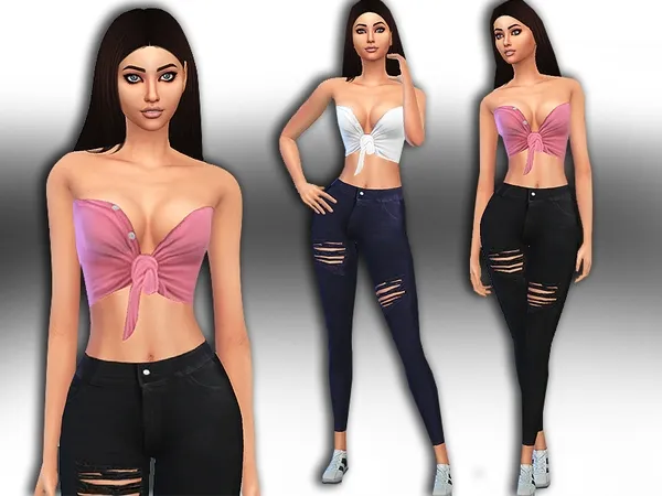 Alpha Summer Casual Crop Shirt and Ripped Jeans Outfit - The Sims 4 Custom Content