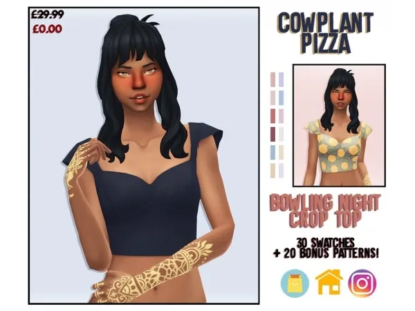 Maxis Match COWPLANT PIZZA RECOLOURS BOWLING NIGHT CROP TOP - The Sims 4 Custom Content