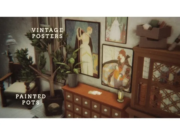 Maxis Match Vintage vogue posters painted pots by blanksim - The Sims 4 Custom Content