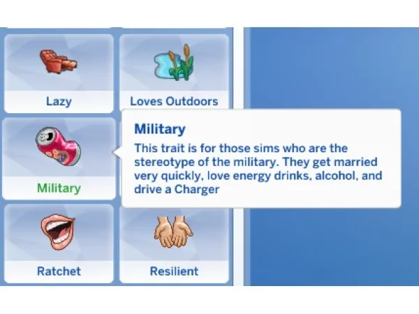 Mix Military Stereotype Trait by skillfulsimmer340 - The Sims 4 Custom Content