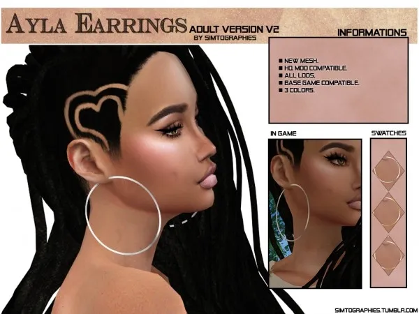 Alpha Ayla Earrings Adult Version V2 by simtographies - The Sims 4 Custom Content