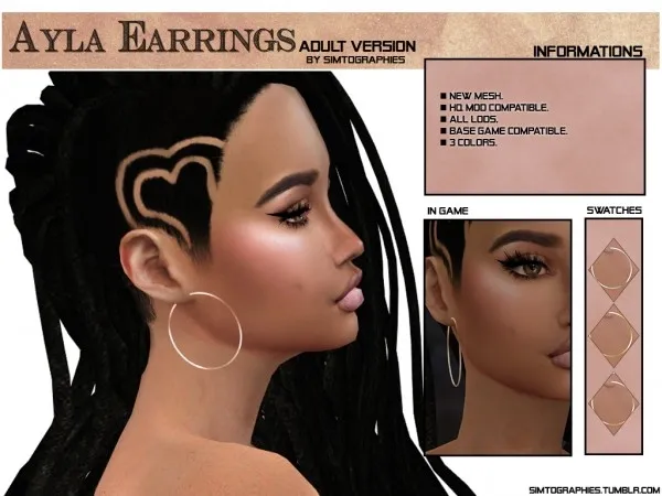 Alpha Ayla earrings Adult Version V1 by simtographies - The Sims 4 Custom Content