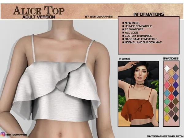 Alpha Alice Top (Adult Version) by simtographies - The Sims 4 Custom Content
