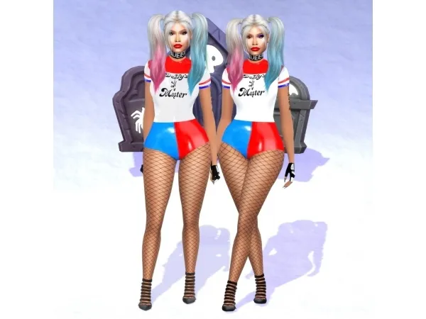 Alpha NICKI MINAJ Venus Prototype Latex Custom Harley Quinn Costume with Ice Queen CO QUEEN Choker Majesty Black Metal Studded Gloves and Fishnets - The Sims 4 Custom Content
