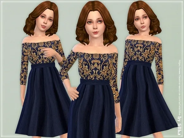 Maxis Match Navy Gold Floral Dress - The Sims 4 Custom Content