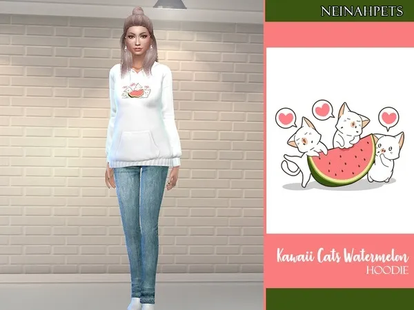 Alpha Kawaii Cats Watermelon Hoodie - The Sims 4 Custom Content