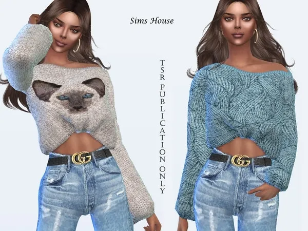Maxis Match Women's Open Shoulder Print Sweater by thesimsresource - The Sims 4 Custom Content