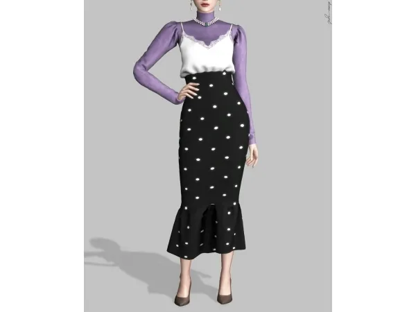 Alpha lacetop longsleevepolkadot pencil skirt girl by dream - The Sims 4 Custom Content