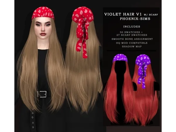 Alpha VIOLET HAIR V1 V2 WITH SCARF sims by phoenix - The Sims 4 Custom Content
