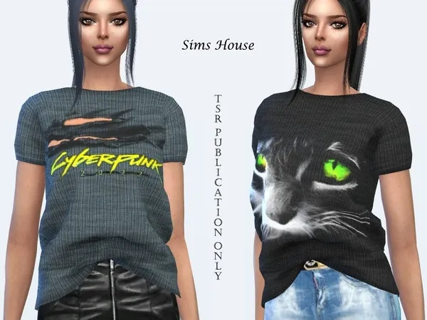 Alpha Women's t shirt tucked in front with prints - The Sims 4 Custom Content