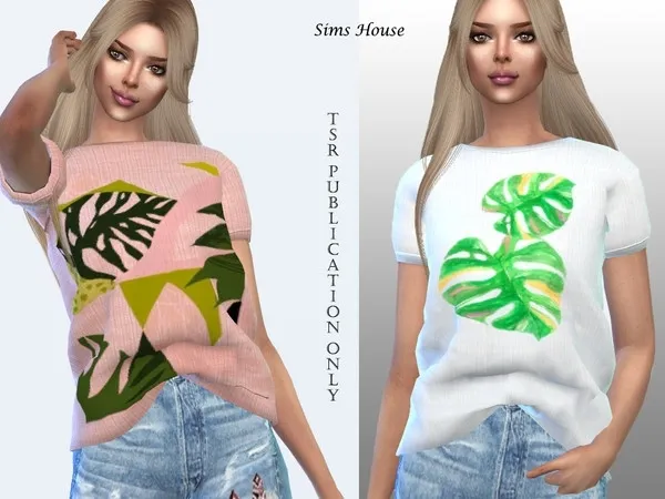 Maxis Match Sulani print t shirt for women tucked in front - The Sims 4 Custom Content