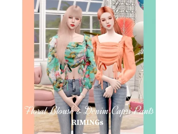 Alpha [RIMINGs] Floral Blouse Denim Capri Pants - The Sims 4 Custom Content