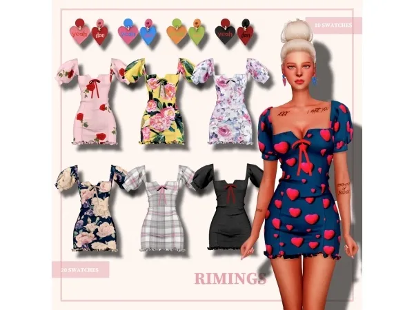 Alpha [RIMINGs] Floral Short sleeved DR Heart Earring - The Sims 4 Custom Content