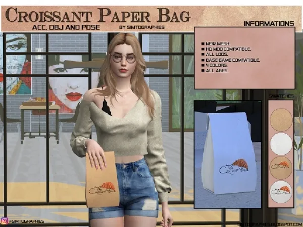 Alpha Croissant Paper Bag by simtographies - The Sims 4 Custom Content