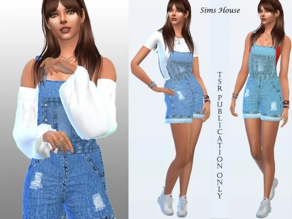Alpha Sims House's Women's denim overalls with shorts (bottom) - The Sims 4 Custom Content