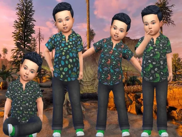 Alpha twosister42's Toddler Dinosaur Button Down Shirt Base Game Recolor - The Sims 4 Custom Content