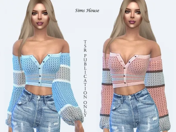 Alpha Sims House's Off Shoulder Women's Button Sweater - The Sims 4 Custom Content