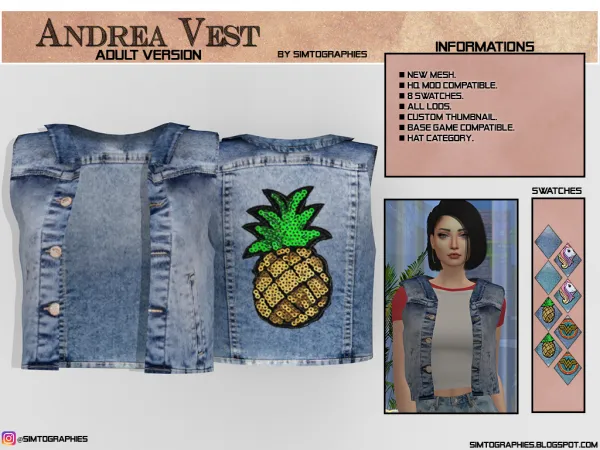 Alpha Andrea Vest (Adult Version) by simtographies - The Sims 4 Custom Content