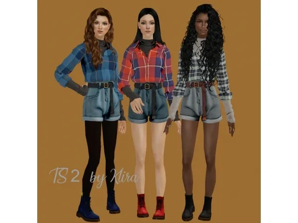 Belt Denim Shorts with Flannel Shirts - The Sims 2 Custom Content