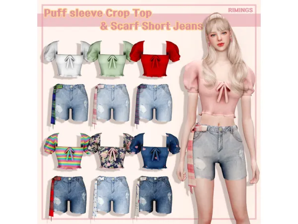 Alpha [RIMINGs] Puff sleeve Crop Top Scarf Short Jeans - The Sims 4 Custom Content