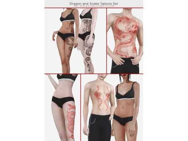 Mix Tattoos Set 3 Dragon and Snake marysims by ms - The Sims 4 Custom Content