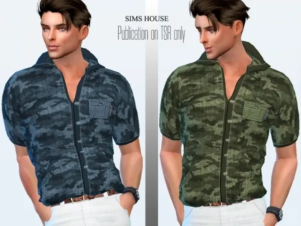 Alpha Sims House's Men's shirt short sleeve military print tucked - The Sims 4 Custom Content