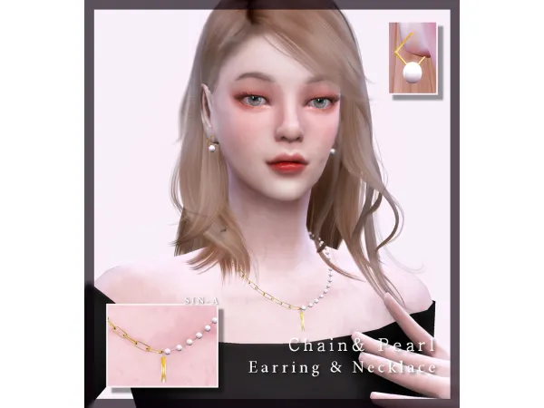Alpha [SIN A] Chain Pearl Earring Necklace - The Sims 4 Custom Content