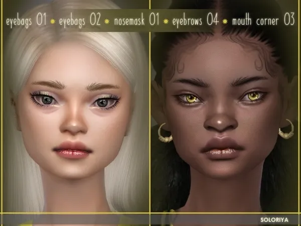Alpha Eyebags 01 02 nosemask 01 eyebrows 04 mouth corner 03 by soloriya - The Sims 4 Custom Content