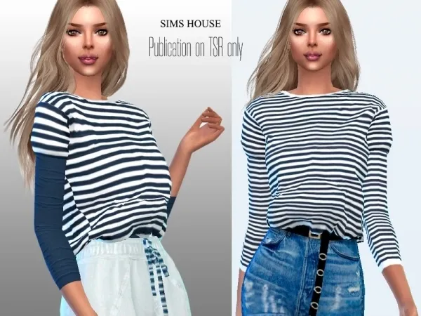 Alpha Sims House's Women's Long Sleeve Breton Striped T shirt Fully Tucked into - The Sims 4 Custom Content