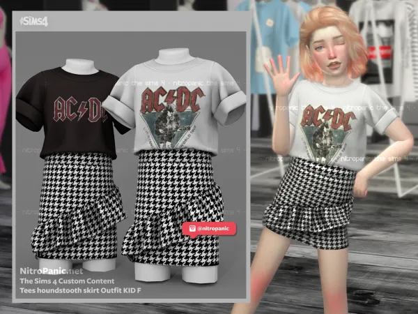 Alpha Tees Houndstooth Skirt Outfit Kid F by nitropanic - The Sims 4 Custom Content