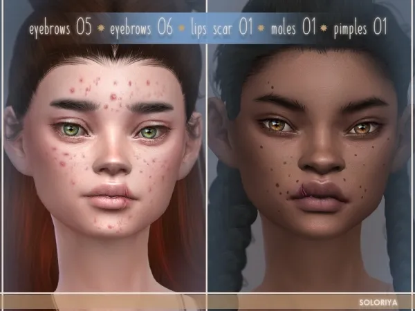 Eyebrows 05-06, lip scar 01, moles 01, pimples 01 by soloriya