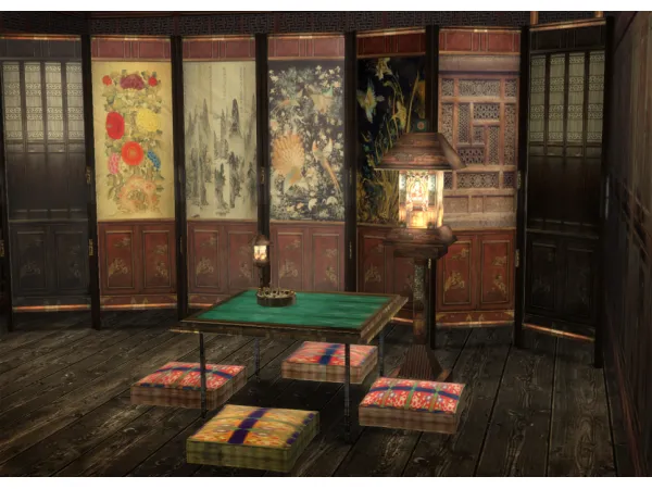 Alpha dung korean divider lamp bedding table chairs - The Sims 4 Custom Content