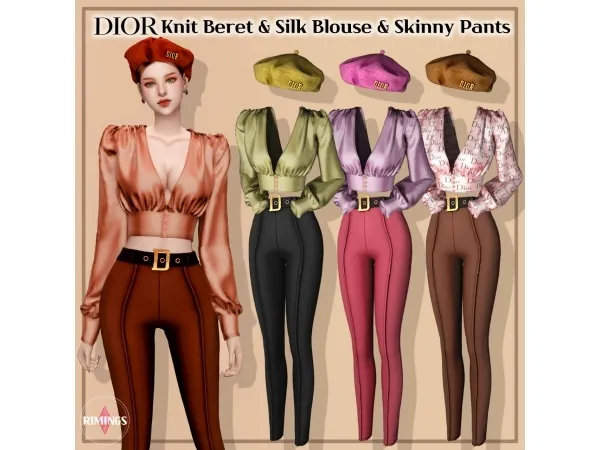 Alpha DIOR Silk Blouse Skinny Pants Knit Beret - The Sims 4 Custom Content