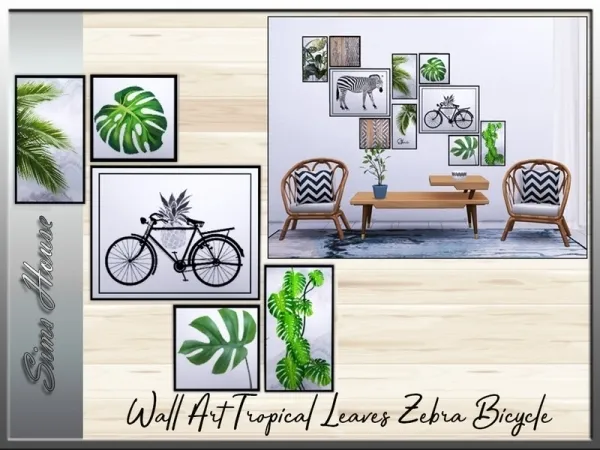 Alpha Sims House's Wall Art Tropical Leaves Zebra Bicycle - The Sims 4 Custom Content
