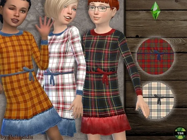 Maxis Match Pelineldis' Autumn Tartan and Denim Dress - The Sims 4 Custom Content