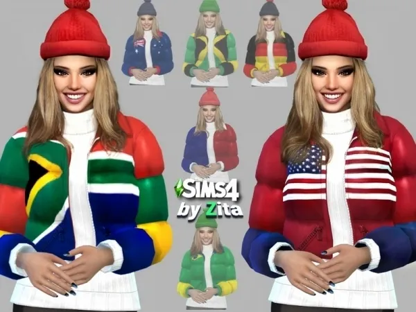 Alpha ZitaRossouw's Mt Komorebi puffer flag jacket - The Sims 4 Custom Content
