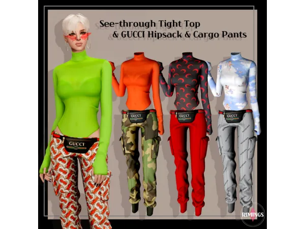 Alpha [RIMINGS] See through Tight Top GUCCI Hipsack Cargo Pants by RIMINGS - The Sims 4 Custom Content