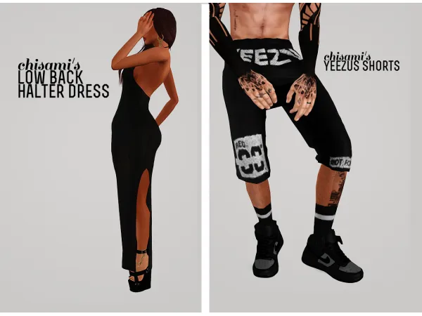 Chisami Body Low Back Halter Dress Chisami Bottom Yeezus Shorts - The Sims 3 Custom Content