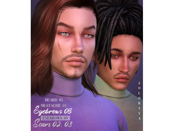 Beard 05, eyebrows 08-09, mustache 01, scars 02-03. Sims 4. by soloriya