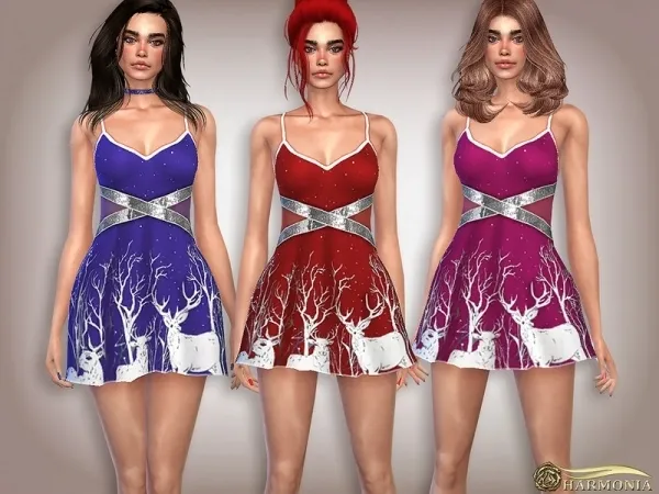 Maxis Match Harmonia's Sequined Reindeer Print Mini Dress - The Sims 4 Custom Content