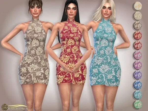 Maxis Match Harmonia's Ornate Glittery Embroidery Halter Dress - The Sims 4 Custom Content