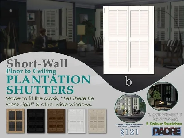 Padre Short Wall Plantation Shutters LTBML B - The Sims 4 Custom Content