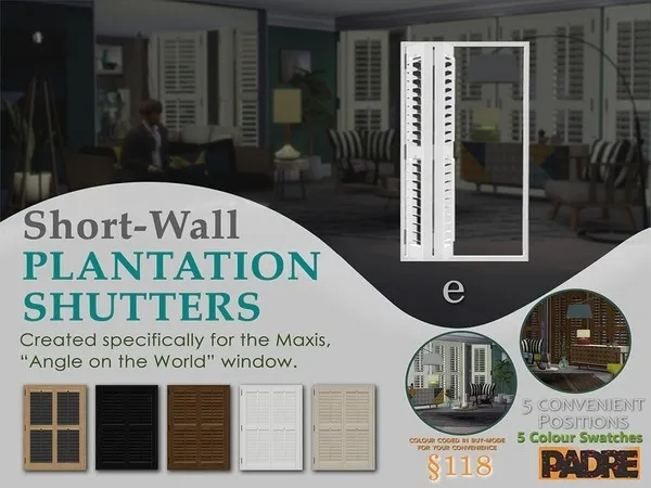 Padre Short Wall Plantation Shutters AOTW E - The Sims 4 Custom Content