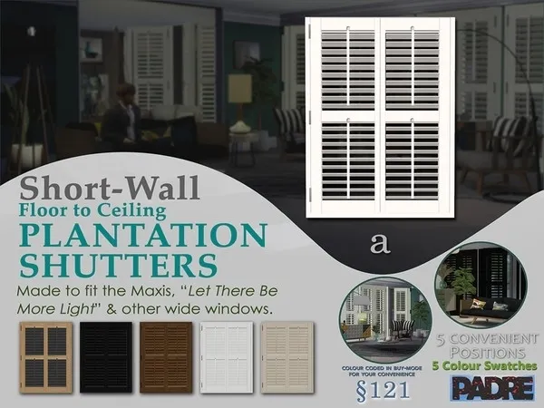 Padre Short Wall Plantation Shutters LTBML A - The Sims 4 Custom Content