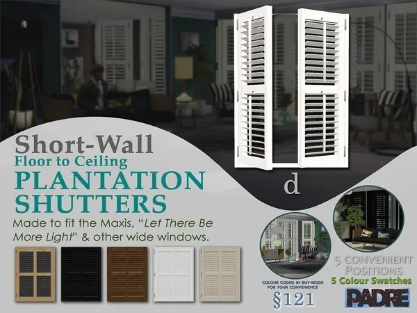 Padre Short Wall Plantation Shutters LTBML D - The Sims 4 Custom Content