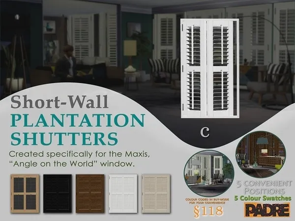 Padre Short Wall Plantation Shutters AOTW C - The Sims 4 Custom Content