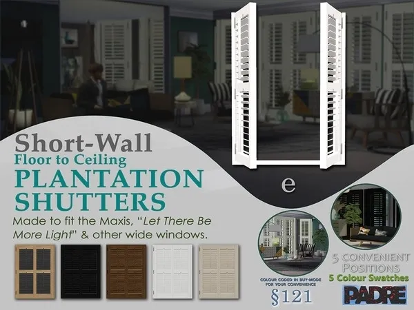 Padre Short Wall Plantation Shutters LTBML E - The Sims 4 Custom Content