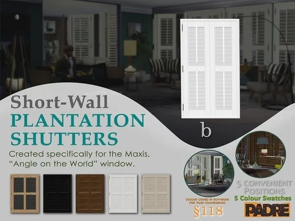 Padre Short Wall Plantation Shutters AOTW B - The Sims 4 Custom Content
