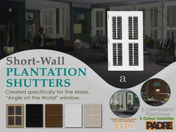 Padre Short Wall Plantation Shutters AOTW A - The Sims 4 Custom Content